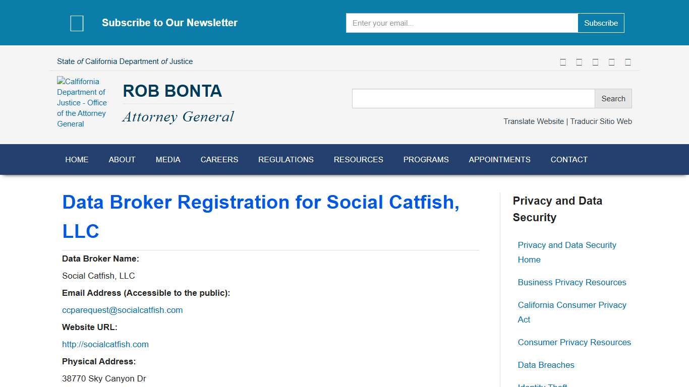 Data Broker Registration for Social Catfish, LLC State of California - Department of Justice - Office of the Attorney General